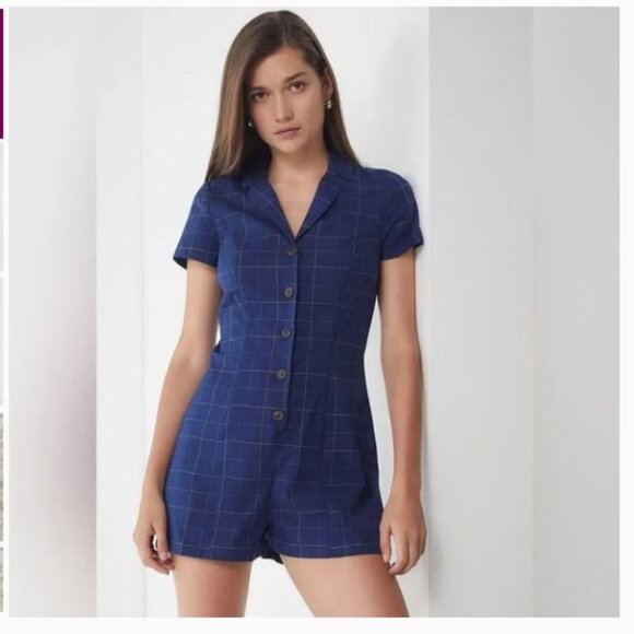 Urban Outfitters Sonata Blue Plaid Button Down Romper Sz XS FUN FLIRTY PLAYFUL - Picture 1 of 4